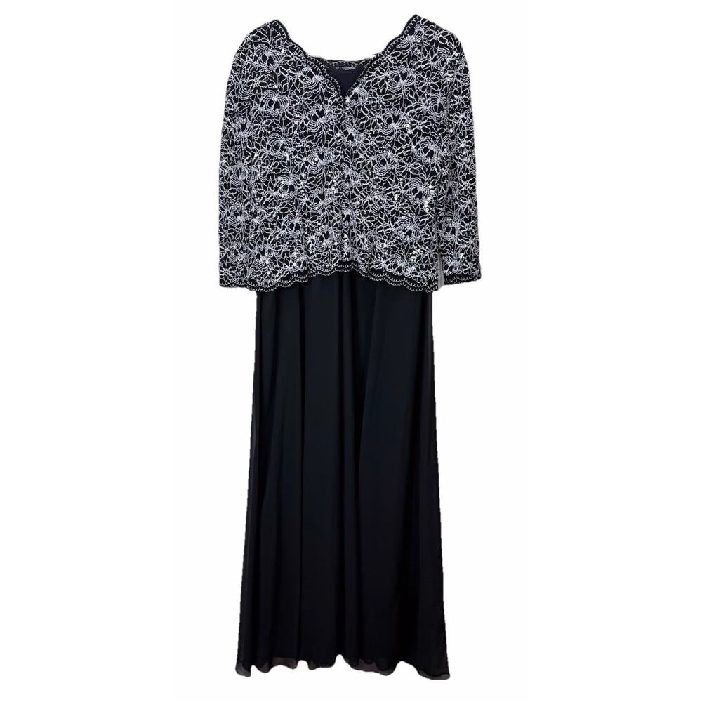 Alex Evenings Two-Piece Formal Gown Jacket Set Black Silver Size 8P Petite